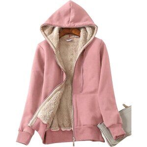 Women's Pink Casual Full Zip Sherpa Lined Hoodie Sweatshirt Jacket Coat